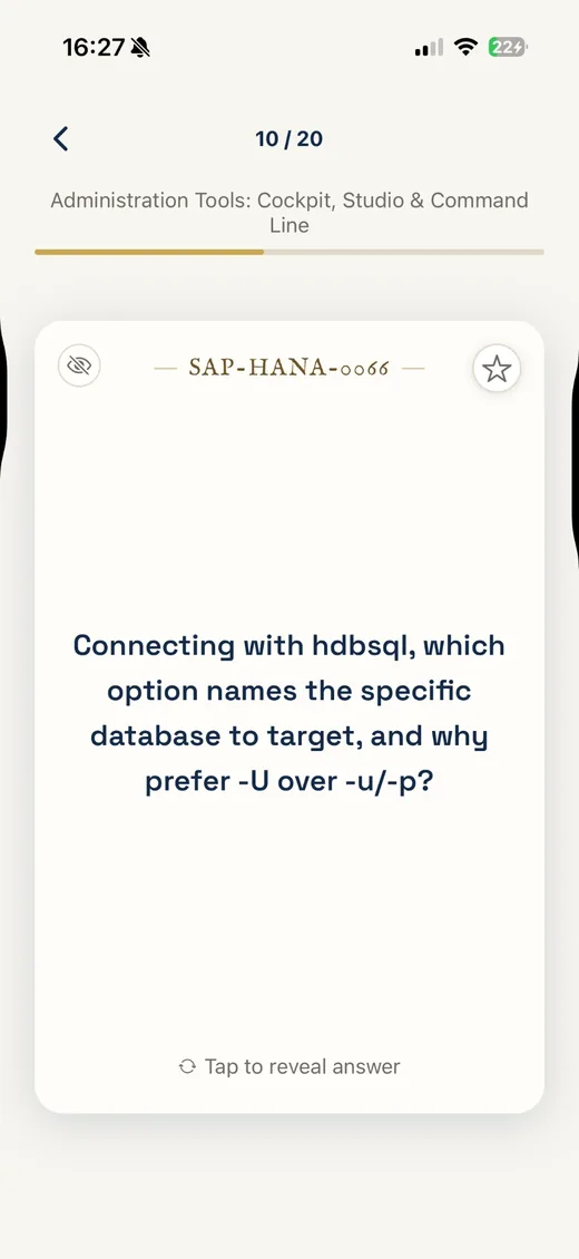 Question de mise en situation SAP HANA sur une carte KnowCard